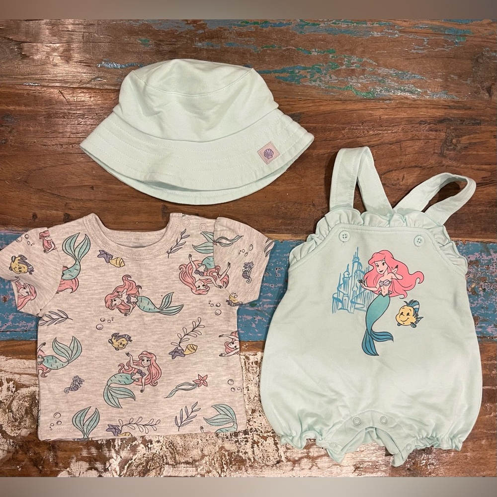Disney Baby Girls French Terry Short Overalls, T-Shirt & Hat Outfit 3-6M